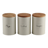 Conjunto de Latas Herméticas Porta Condimentos em Metal Branco Tampa Madeira Sugar Coffee Tea - 3 Peças - Ela Decora
